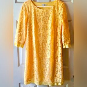 London Times Sunny Yellow Floral Lace Overlay Shabby Chic Trim Knit Dress Size 6